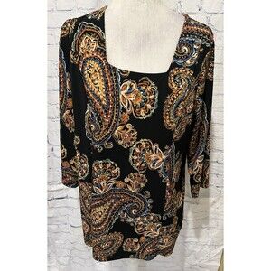 SUSAN GRAVER Womens Tunic Top Size M Square Neck 3/4 Sleeve Paisley stretchy QVC